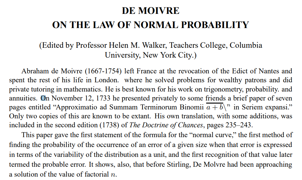 DE MOIVRE ON THE LAW OF NORMAL PROBABILITY